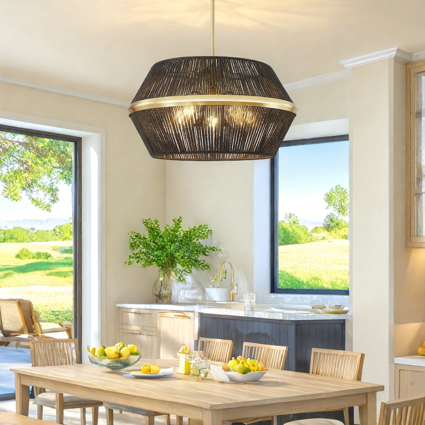 19" Adjustable Height 5-Light Black Rattan Farmhouse Chandelier - Hand-Woven Boho Pendant Light Fixture for High Ceilings, Rustic Dining Room & Kitchen, Easy Install with Hardware Included