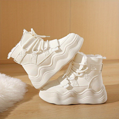 2024 Winter Fleece-Lined White Sneakers - Korean Style Insulated Women'S High-Top Lace-Up Shoes, Thick-Soled Casual & Sports Shoes with PU Upper, Rubber Sole, and Breathable Fabric Lining for Cold Weather Comfort, Casual Foot