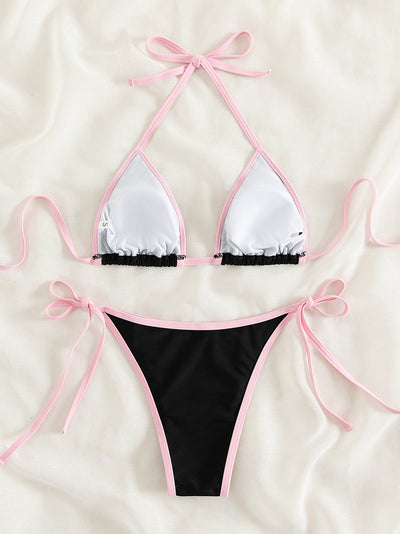 Contrast Trim Tie Side 2 Piece Bikini Swimsuit, Triangle Halter Tie Back Neck Stretchy Beachwear, Cute & Sexy, Women's Swimwear & Clothing