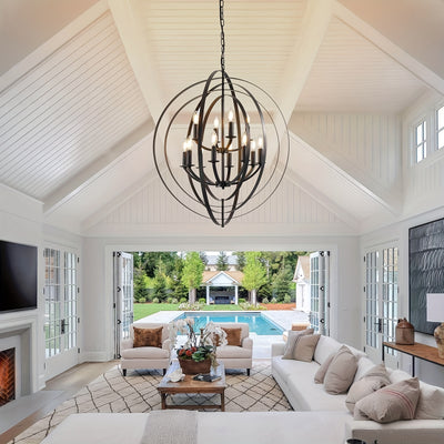 12-Light Modern Farmhouse Chandelier - 31.5" Black Round Pendant Light Fixture for High Ceilings, Adjustable Height (32"-90"), E12 Bulb Compatible, Entryway, Kitchen Island, Staircase & Foyer Lighting, Versatile Lighting Fixt