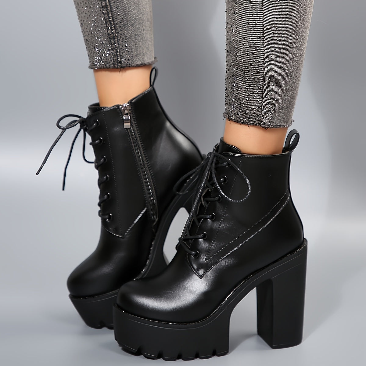 Women'S Chunky Heel Ankle Boots - Black PU Cover with Lace-Up Front & Side Zipper, Round Toe, Thick Sole for Stability, Versatile for Casual & Formal Outfits, High Heel Boots, Stability Footwear, Durable Tpr Sole