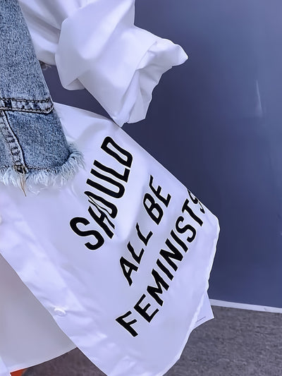 Women's Denim Jacket with White Puffed Sleeves & "SAUL BE ALRIGHT" Patch - Casual Button-Front Korean Streetwear Coat, Machine-Washable All-Season Layering Piece for Women