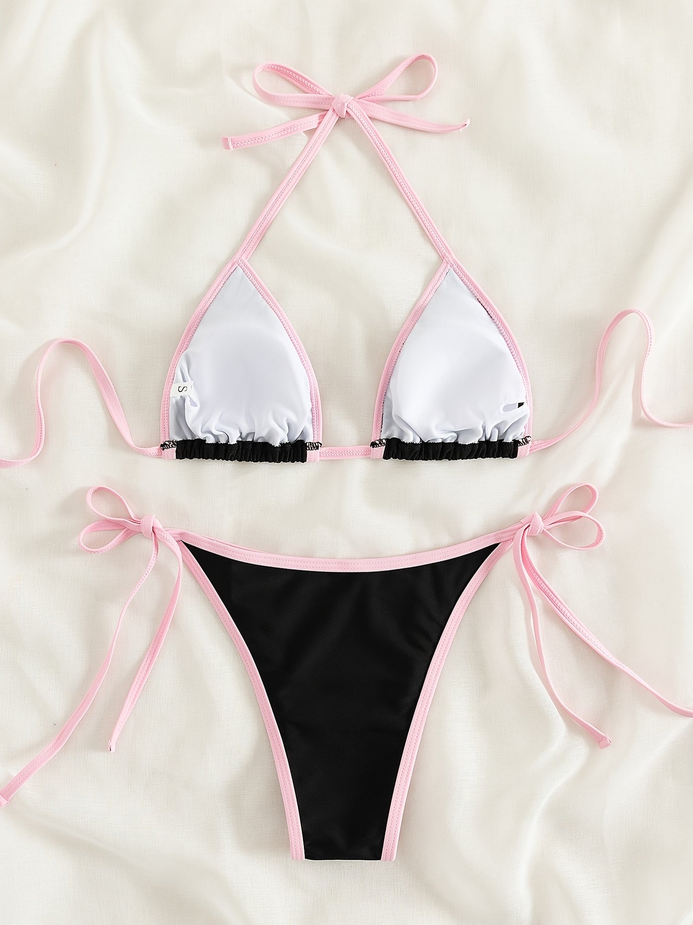 Contrast Trim Tie Side 2 Piece Bikini Swimsuit, Triangle Halter Tie Back Neck Stretchy Beachwear, Cute & Sexy, Women's Swimwear & Clothing