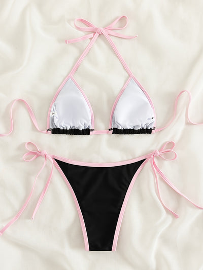 Contrast Trim Tie Side 2 Piece Bikini Swimsuit, Triangle Halter Tie Back Neck Stretchy Beachwear, Cute & Sexy, Women's Swimwear & Clothing
