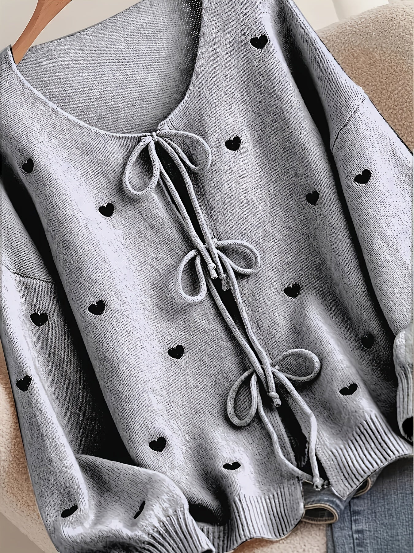 Women'S Soft Pink Sweater - Pastel Pink Cardigan with Front Tie-Waist, Heart Pattern, Boat Neck Longline Blouse for Fall/Winter Layering - Cozy Chic Sweater for Everyday Formal Outfits, Cute Sweaters, Winter Wardrobe, Feminin
