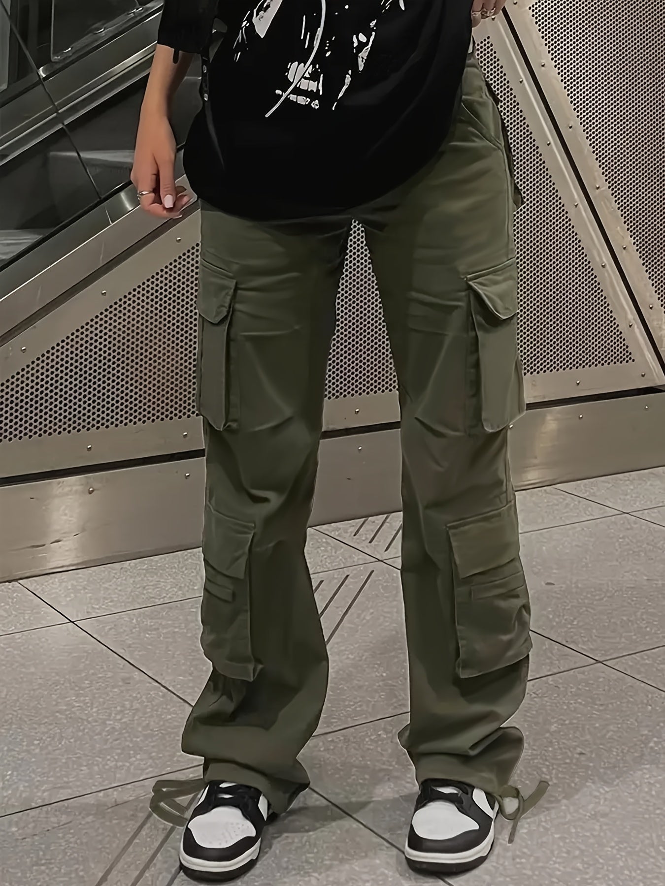 [Y2K Fashion Cargo Pants] Women's High-Waisted Cargo Pants with Flap Pockets, Y2K Kpop Style, Retro Streetwear, Loose Fit Polyester Straight Leg Trousers for All Seasons, Casual Wear Pants|Y2K Fashion|Polyester Fabri