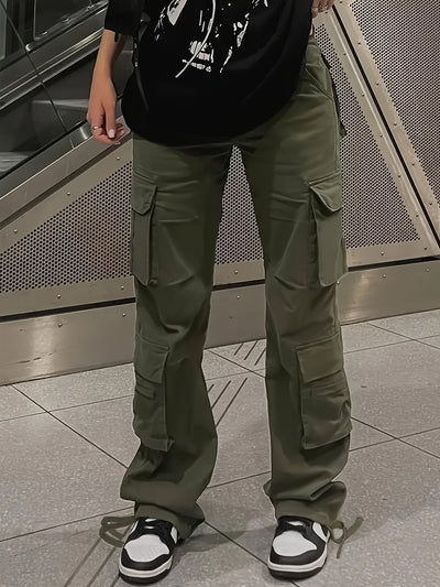[Y2K Fashion Cargo Pants] Women's High-Waisted Cargo Pants with Flap Pockets, Y2K Kpop Style, Retro Streetwear, Loose Fit Polyester Straight Leg Trousers for All Seasons, Casual Wear Pants|Y2K Fashion|Polyester Fabri