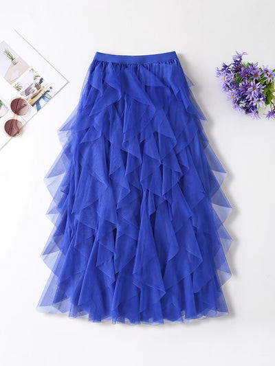 Chic Elegance, Elegant High-Waist A-Line Tulle Skirt for Women - Chic Korean-Style Spring Collection, Sheer Brown Polyester with Delicate Mesh Layers, Perfect for Summer Skirt