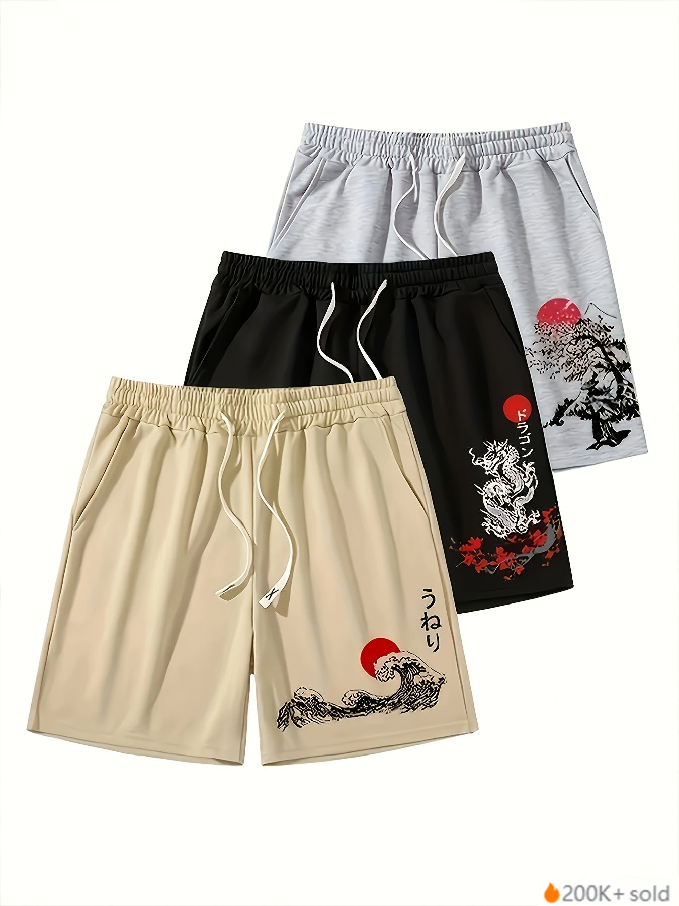 3pcs Sun Pattern Print Men's Fashion Drawstring Shorts Set, Casual Style Elastic Waist Summer Beach Shorts Fitness Sports Shorts, Japanese Style Shorts