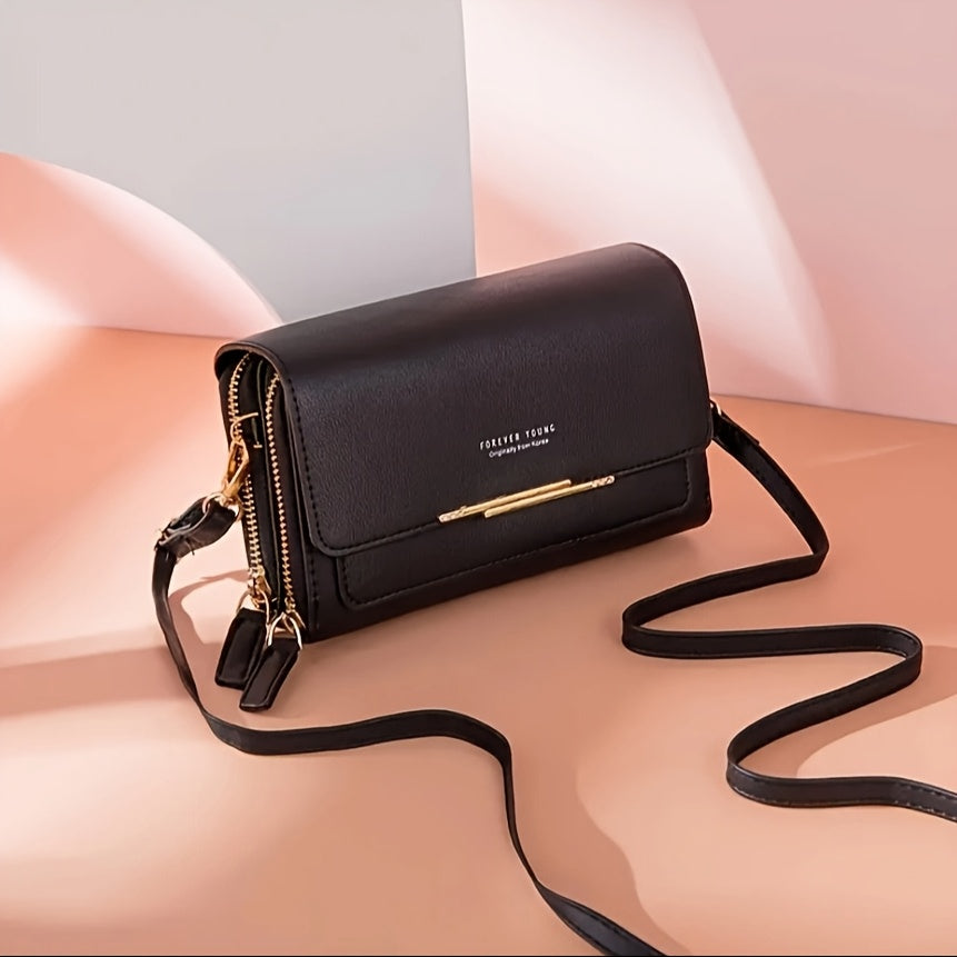 Women's Fashionable Square Cell Phone And Coin Shoulder Bag, Double Zipper Multi-compartment Women's Small Square Bag with Card Slots And Detachable Adjustable Shoulder Strap, Korean Style Fashionable PU Crossbody Bag Wallet