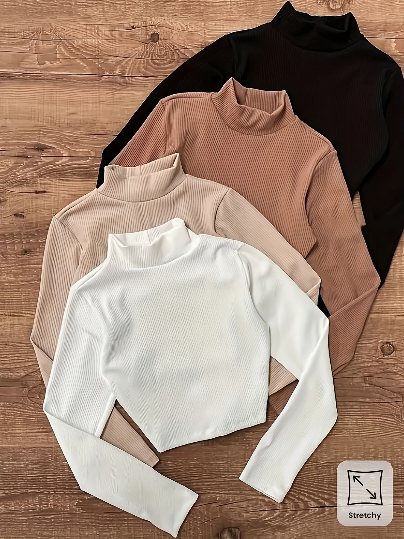 High-Neck Long Sleeve Four-Piece Set T-Shirt, Black Ten White Ten Coffee Ten Apricot