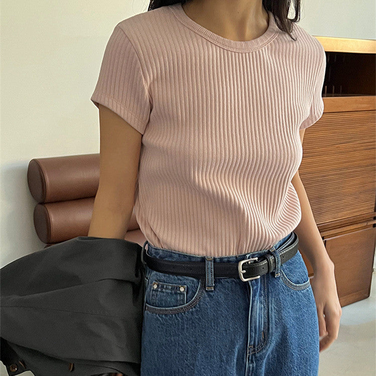 Women's Summer Round Neck Texture Short Sleeve T-shirt Top