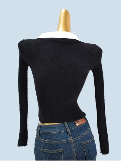 Korean Chic Autumn And Winter Design Unique Faux Two-Piece Large Collar Knitted Sweater for Women