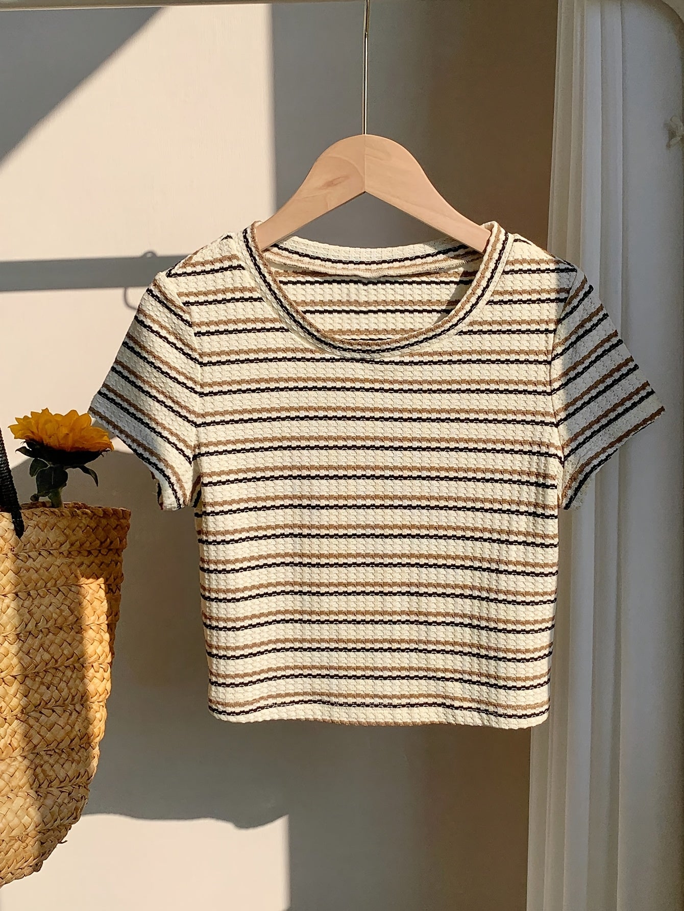 Women's Elegant Striped Casual T-Shirt - & Beige Horizontal Stripes, Medium Stretch, Machine Washable, All-Season Versatile Top for Casual Attire, Ladies T Shirts, Mediumstretch Material, Nontransparent Fabric