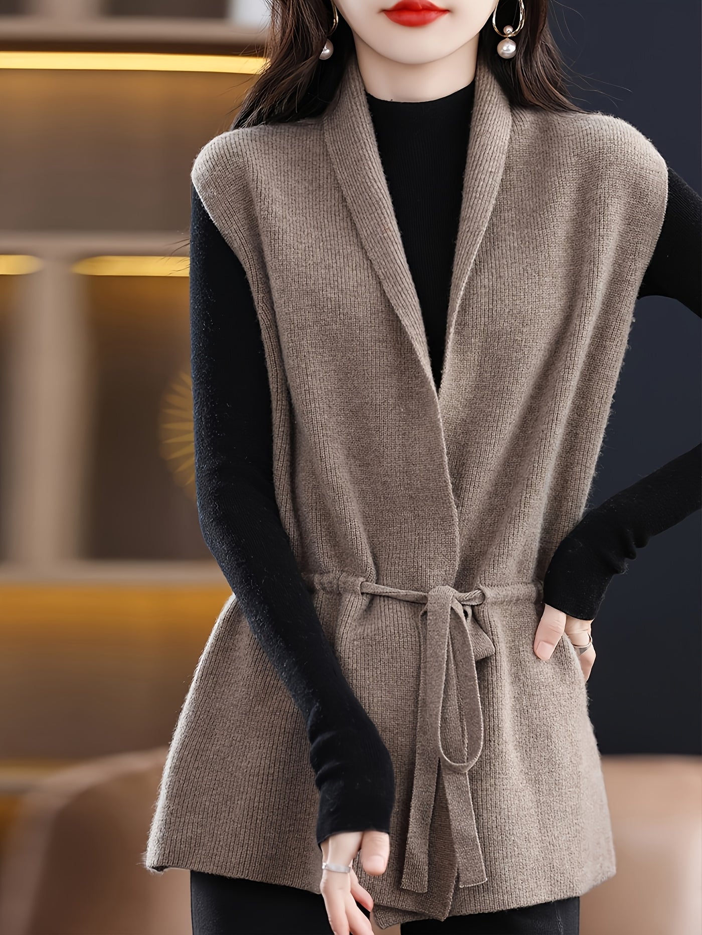 Women's Casual V-Neck Cardigan - Longline Open Front Vest with Adjustable Drawstring, Loose Fit Machine-Washable Textured for Spring/Fall Layering, Japanese Korean Fashion Style, Casual Attire, Relaxed Silhouette, Quality Sti