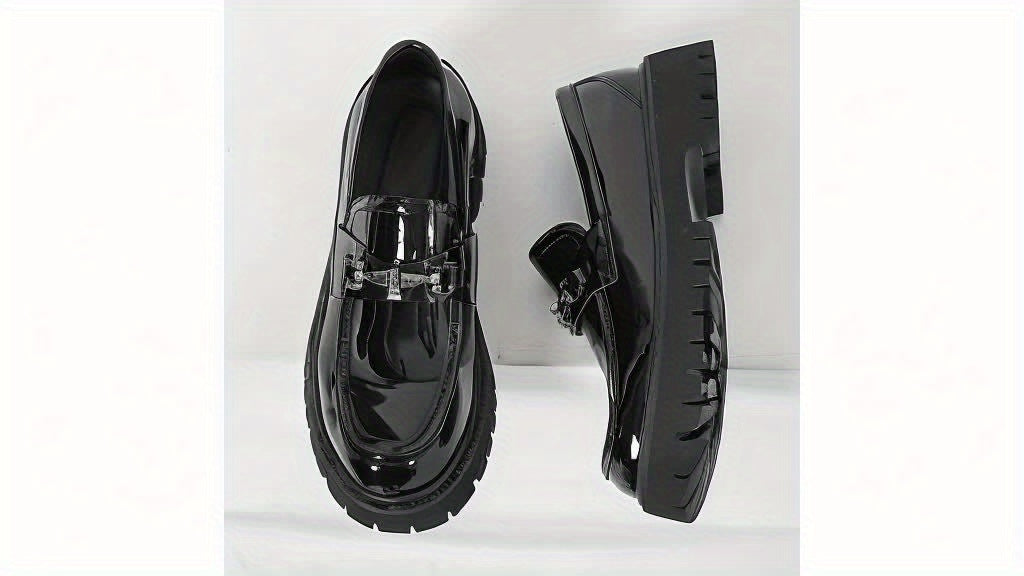 All-Season Solid Color Men's Classic Loafers - Round Toe Faux Upper Slip-On Dress Shoes with Rubber Sole - Daily, Party, Wedding Casual Korean Style Thick Sole Glossy Footwear