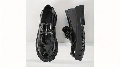All-Season Solid Color Men's Classic Loafers - Round Toe Faux Upper Slip-On Dress Shoes with Rubber Sole - Daily, Party, Wedding Casual Korean Style Thick Sole Glossy Footwear