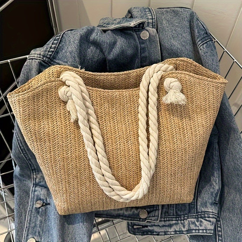 2024 Ladies Large Capacity Beach Bag Handbag, Versatile Fashion Korean Fashion Shoulder Bag, Pastoral Style Woven Bag