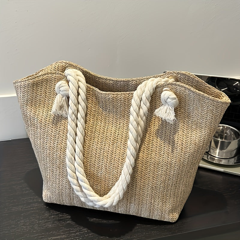 2024 Ladies Large Capacity Beach Bag Handbag, Versatile Fashion Korean Fashion Shoulder Bag, Pastoral Style Woven Bag