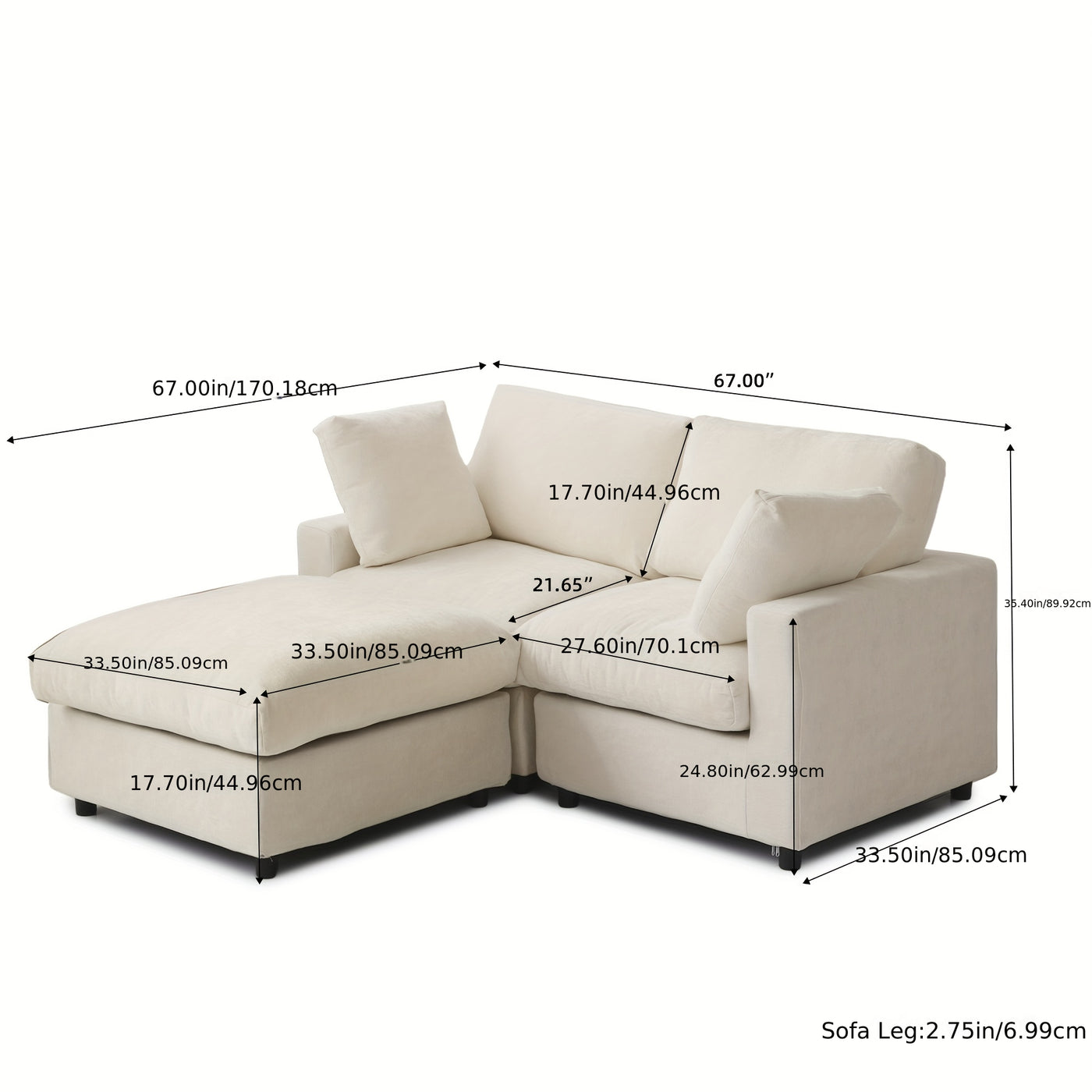 67" Modern Convertible Modular Sectional Sofa with Chaise Ottoman - Black Cloud Design, Washable Fabric & Linen-like Cover, Hardwood Frame, Plush Cushion Backrest, Minimalist L-Shaped or Straight Configuration for Living Room