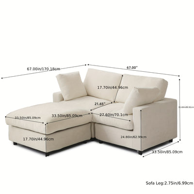 67" Modern Convertible Modular Sectional Sofa with Chaise Ottoman - Black Cloud Design, Washable Fabric & Linen-like Cover, Hardwood Frame, Plush Cushion Backrest, Minimalist L-Shaped or Straight Configuration for Living Room