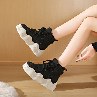 2024 Winter Fleece-Lined White Sneakers - Korean Style Insulated Women'S High-Top Lace-Up Shoes, Thick-Soled Casual & Sports Shoes with PU Upper, Rubber Sole, and Breathable Fabric Lining for Cold Weather Comfort, Casual Foot
