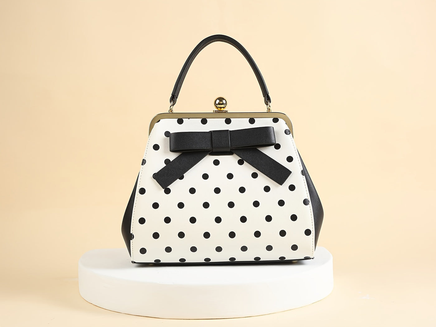 [Elegant Handbag] High Quality Lacquered Handbag | 2024 Autumn New Korean Polka Dot for Women - Kiss Lock Closure, Removable Shoulder Strap & Bow Detail, Glossy Patent Look (Black/White, Bronze, Pink & White) - Perfect for We