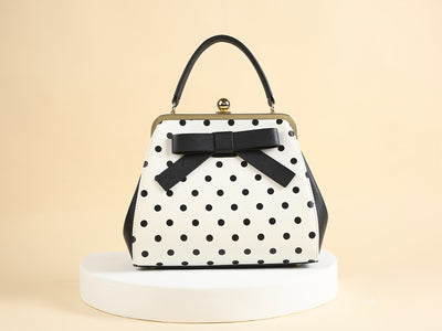 [Elegant Handbag] High Quality Lacquered Handbag | 2024 Autumn New Korean Polka Dot for Women - Kiss Lock Closure, Removable Shoulder Strap & Bow Detail, Glossy Patent Look (Black/White, Bronze, Pink & White) - Perfect for We