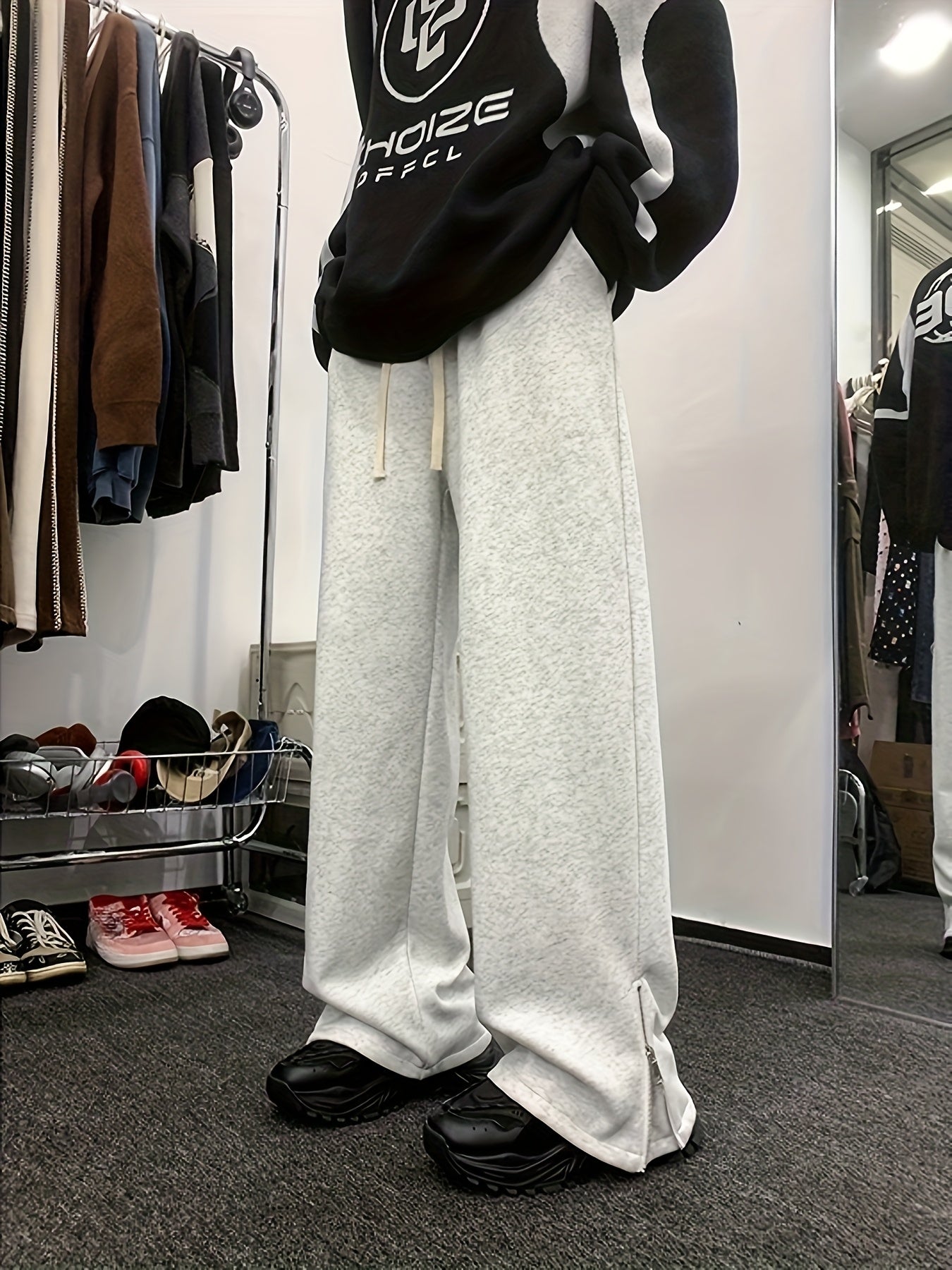 Men'S Casual Straight Leg Pants with Side Zipper, All-Season Korean Style Loose Fit, Slimming Polyester 100% Woven Fabric, 160gsm Lightweight, Regular Length, for Teens - Vibe American Trendy Split Ankle Trousers