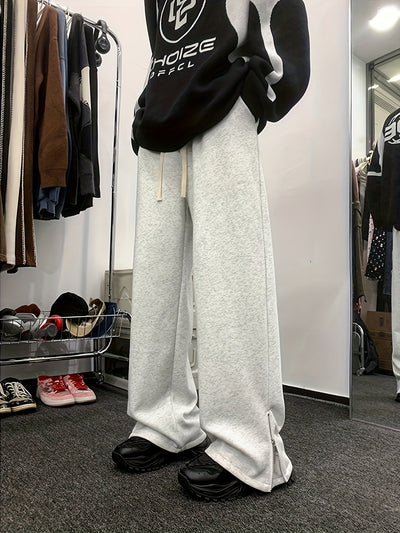 Men'S Casual Straight Leg Pants with Side Zipper, All-Season Korean Style Loose Fit, Slimming Polyester 100% Woven Fabric, 160gsm Lightweight, Regular Length, for Teens - Vibe American Trendy Split Ankle Trousers