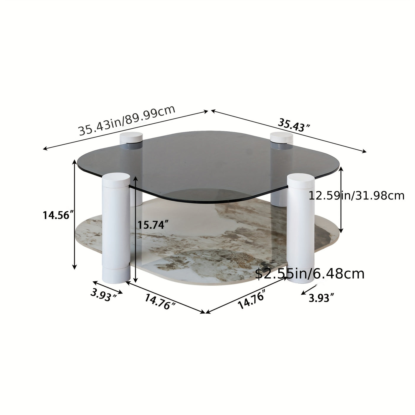 35.4 Inches Coffee Table, 2-layer Storage Space, Round Decorative Table, Rock Board And Glass Can Be Freely Matched, Suitable For Living Room, Bedroom, Small Space