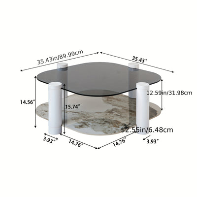 35.4 Inches Coffee Table, 2-layer Storage Space, Round Decorative Table, Rock Board And Glass Can Be Freely Matched, Suitable For Living Room, Bedroom, Small Space
