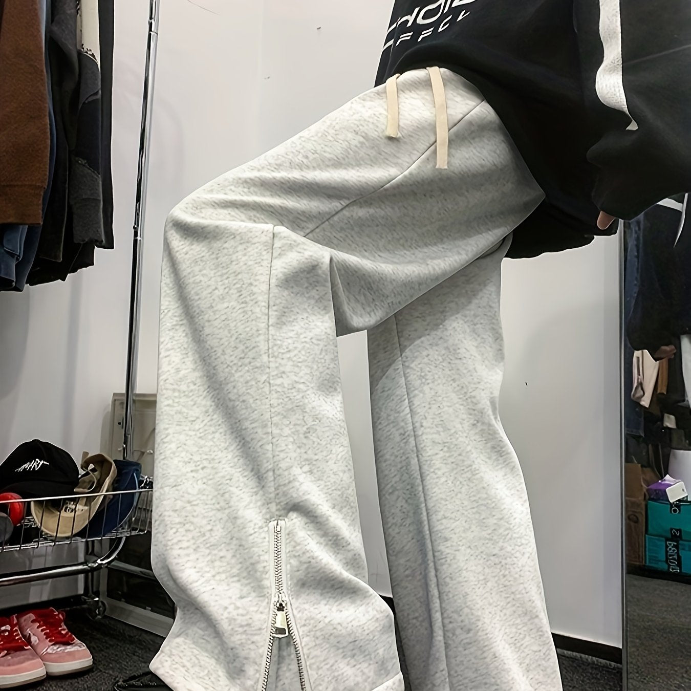 Men'S Casual Straight Leg Pants with Side Zipper, All-Season Korean Style Loose Fit, Slimming Polyester 100% Woven Fabric, 160gsm Lightweight, Regular Length, for Teens - Vibe American Trendy Split Ankle Trousers