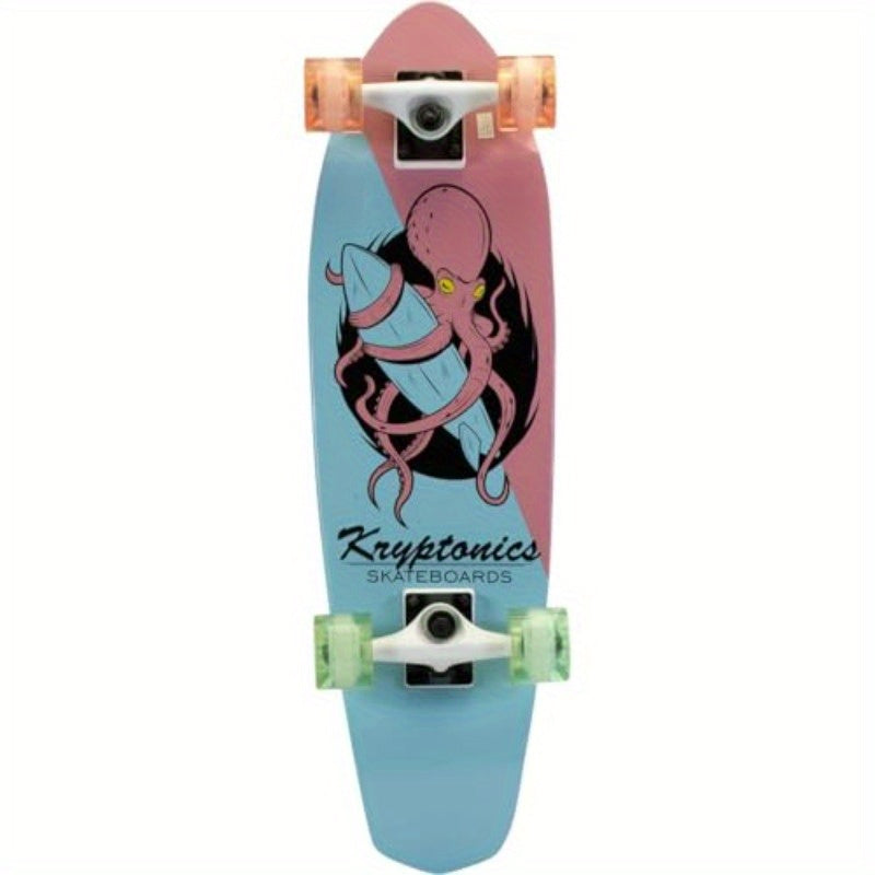 Skateboard with Durable Maple Deck & Smooth Urethane Wheels - Lightweight All-Skill Board for Beginners & Experts, Pastel Blue & Pink Octopus Graphic Design, White Trucks & Green Bearings - Ideal for Cruising, Tricks, Smooth