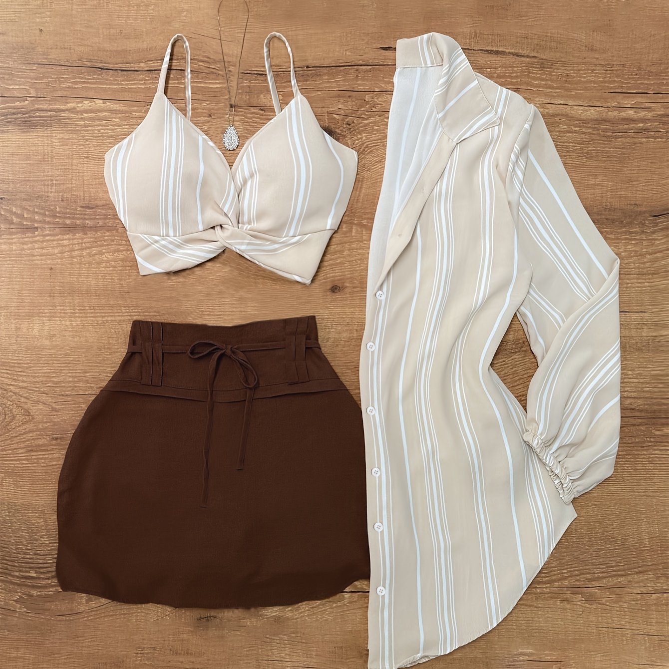Elegant Striped Knotted Blazer & Skirt Set