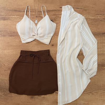 Elegant Striped Knotted Blazer & Skirt Set