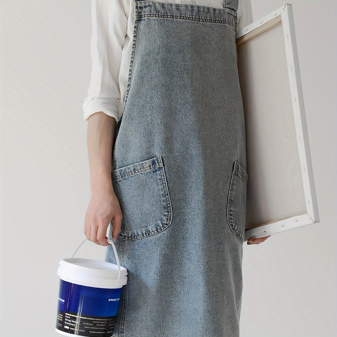 1pc Japanese Korean Style Pure Cotton Canvas Denim Apron, Washable Kitchen Bib, Workwear, Kitchen Apron With Front Pockets, Kitchen Supplies