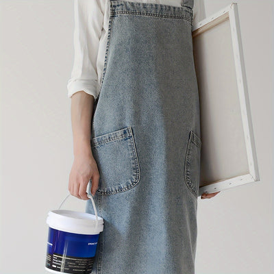 1pc Japanese Korean Style Pure Cotton Canvas Denim Apron, Washable Kitchen Bib, Workwear, Kitchen Apron With Front Pockets, Kitchen Supplies