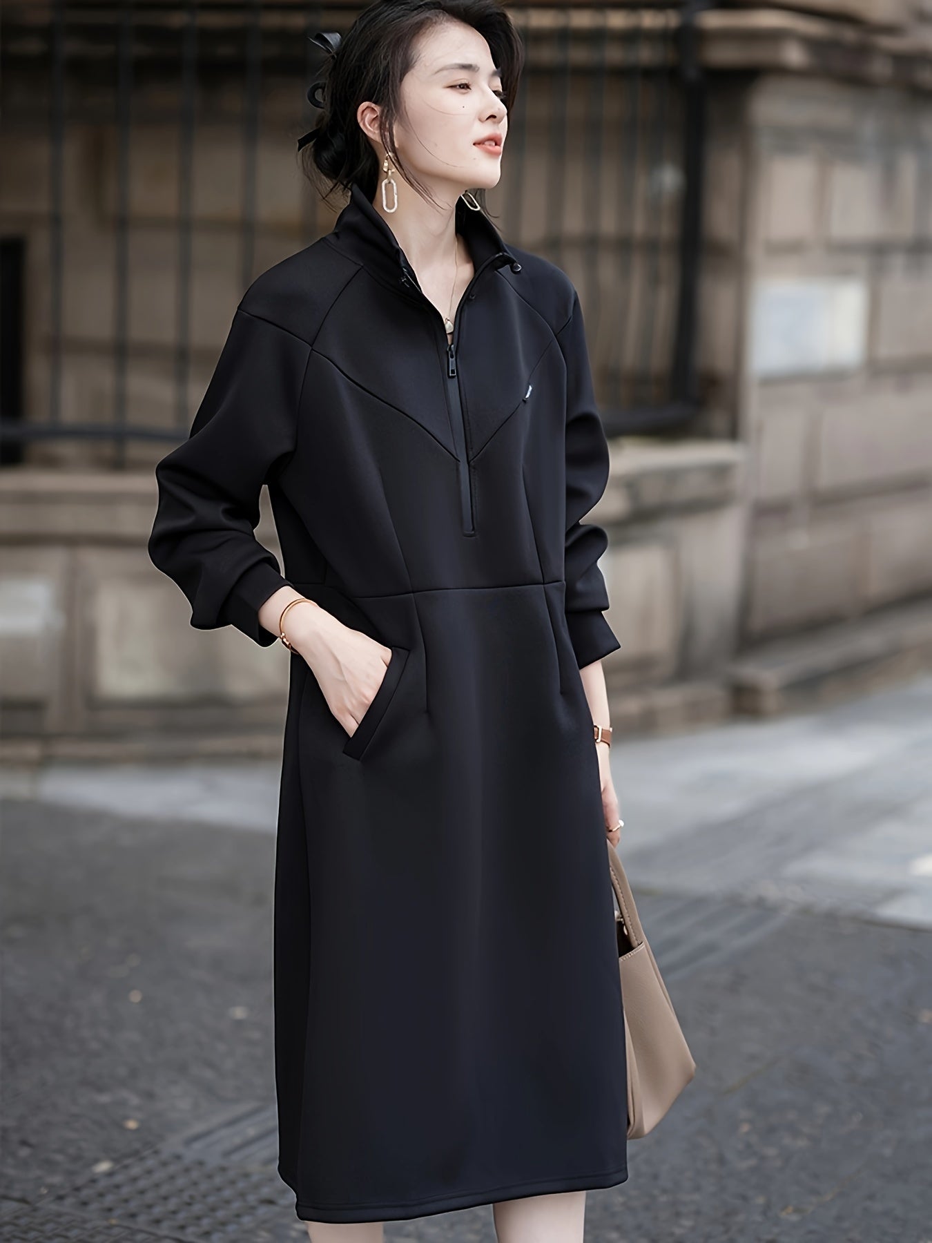 Korean Style A-Line Midi Dress - Polyester and Elastane Blend, Casual Wear for Spring and Autumn, Small Collar, No Pattern, No See-Through, Comfortable and Versatile for Women