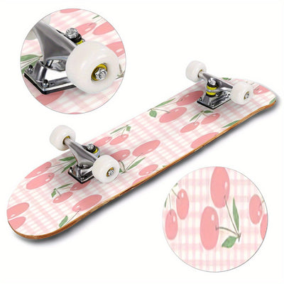 Women's Cute Cherry Blossom Skateboard with Heart Cutouts & Smooth Edges - Pastel Pink & White Checkered Grip Tape, White Trucks, Pink Wheels - All Skill Levels, Ideal for Beginners & Holiday Gifts (Girls' Street Skateboard)