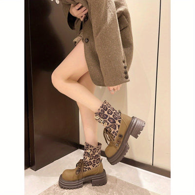 Women's Chunky Platform Lace-Up Boots - Non-Slip Rubber Sole, Round Toe Ankle Boots for Everyday & Formal Outfits - Brown & Black Leopard print boots (Faux Cover/Fabric Upper) - All-Season Casual Shoes, Stylish Footwear, Stur