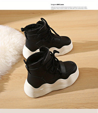 2024 Winter Fleece-Lined White Sneakers - Korean Style Insulated Women'S High-Top Lace-Up Shoes, Thick-Soled Casual & Sports Shoes with PU Upper, Rubber Sole, and Breathable Fabric Lining for Cold Weather Comfort, Casual Foot