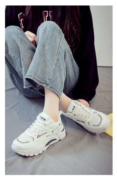 2025 New Women's Breathable Lightweight Mesh Knit Lace-Up Sports Shoes - Cushioned EVA Sole, Striped Design, Low-Top Korean Style for Running, Walking & Road Strolling - All-Season Minimalist Casual Sneakers, Ladies Sneakers,