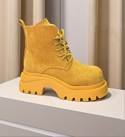 Women'S Chunky Platform Ankle Boots - Mustard Yellow Lace-Up Boots with Non-Slip Rubber Sole, Round Toe & Thick Heel for Casual & Formal Outfits - Spring/Fall Fashion Footwear, High Heel Boots, Versatile Footwear, Durable Con