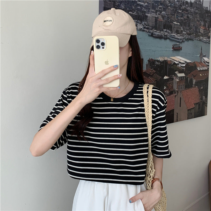 New Korean Style Back Patch Striped Short-sleeved Women's T-shirt