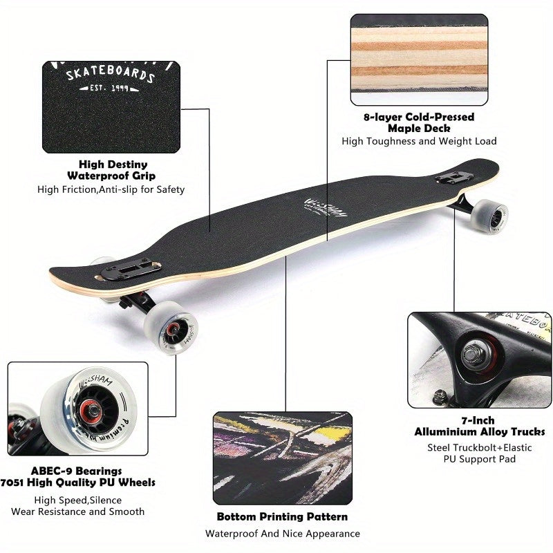 42" Extra Long Drop-Through Longboard - with deck, Concave Cruise design, Large 9.5" wheels & ABEC 9 Bearings - Complete Stand Up Board for Cruiser, Downhill, Carving - Ideal for Beginners & Pros - Surfing, Transportation, Gy