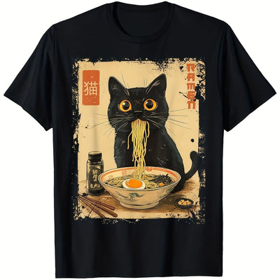180g Cat Ramen Japanese Funny Graphic Tees Kawaii Cat Anime Gifts T-Shirt