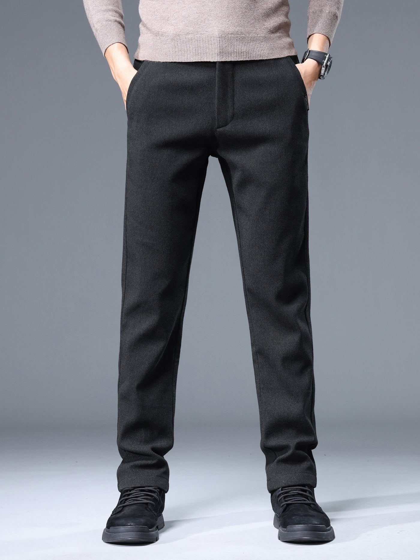 Men's Thermal Padded Slim Fit Trousers, 8891# Winter Woolen Men's Pants, Korean Style Business Casual, Polyester Blend, Regular Length, Zipper Closure, Straight Leg, Mid-Waist, Embroidery Detail, 420gsm