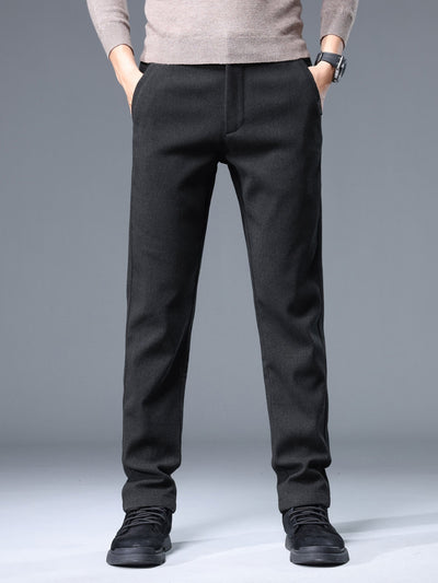 Men's Thermal Padded Slim Fit Trousers, 8891# Winter Woolen Men's Pants, Korean Style Business Casual, Polyester Blend, Regular Length, Zipper Closure, Straight Leg, Mid-Waist, Embroidery Detail, 420gsm