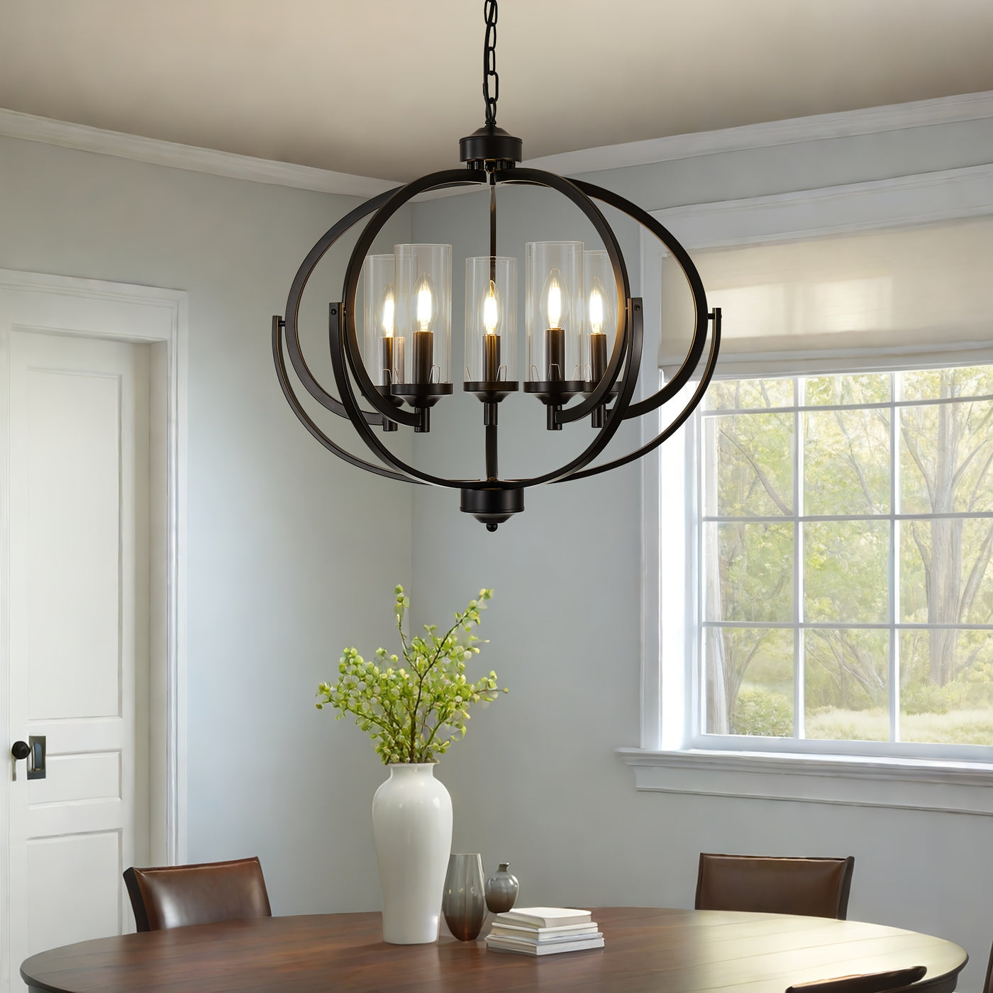 5-Light Black And Golden Chandelier, 24" Farmhouse Dining Room Light Fixture, Adjustable Hanging Ceiling Lantern Pendant Light, with Glass Shade Globe Chandeliers, for Kitchen, Bedroom, Foyer, Chandelier For Dining Room, Chan